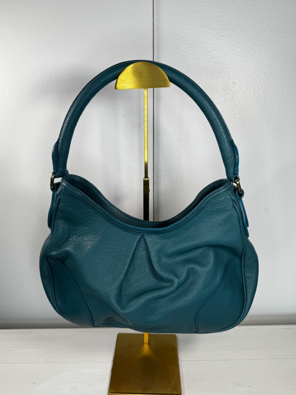 Burberry Pebbled Leather Shoulder Bag Teal Gold Hardware Quiet Luxury Hobo - Picture 4 of 14